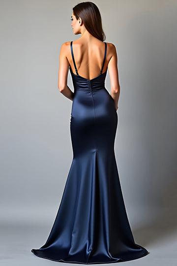 Robe longue de bal en satin à bretelles spaghetti bleu marine avec fente